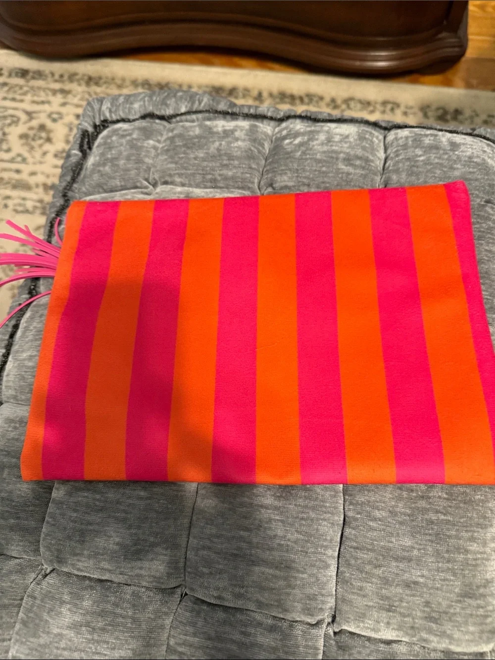 Makeup Junkie Striped Pink & Orange Vinyl Clutch with Tassel